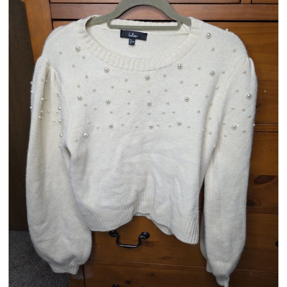 Lulu’s  Sweater Pearl Embellishment  Size Medium Ivory Soft Stretch Dressy
